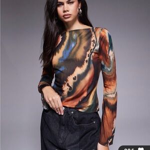 ASOS DESIGN mesh boat neck flared sleeve top in marble print NWT